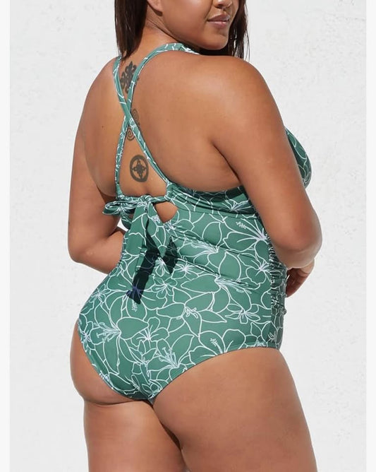 CUPSHE Women 1X Green Floral Swimsuit One Piece Ruched Front Crisscross Self Tie Back Floral