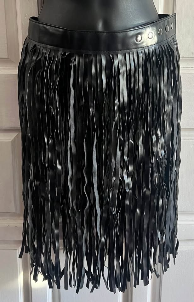 Black Faux Leather Fringe Skirt Adjustable Waist OS