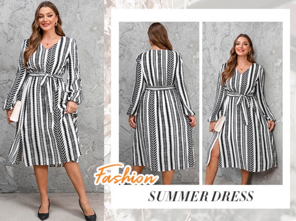 CUPSHE 1X Midi Dress for Women V Neck Puff Long Sleeves Waist Self Tie Belt Casual Dress