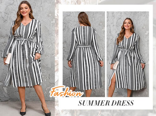 CUPSHE 1X Midi Dress for Women V Neck Puff Long Sleeves Waist Self Tie Belt Casual Dress