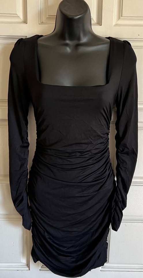 Sexy Black Long Sleeve Ruched Dress Square Neck Small