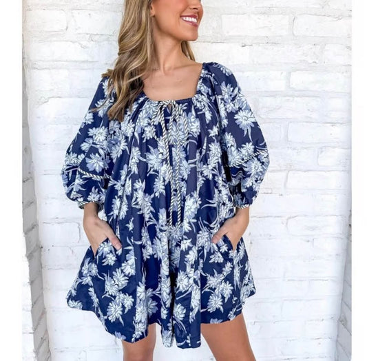 Women's Summer Floral Romper Loose Scoop Neck Lantern Sleeve Blue Floral