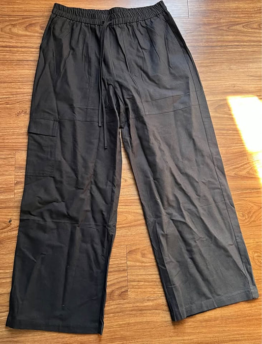 Black Wide Leg Cargo Pants Elastic Waist Drawstring large