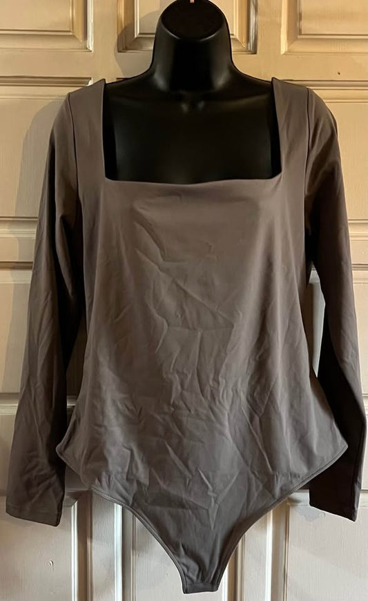 Grey Long Sleeve Square Neck Bodysuit XXL
