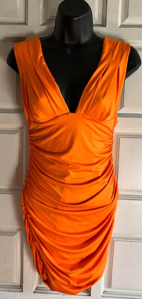 Orange Ruched Bodycon Dress Small