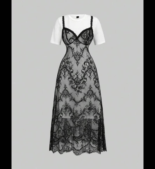 Shein 1X Black Lace Slip Dress w/ White Tee