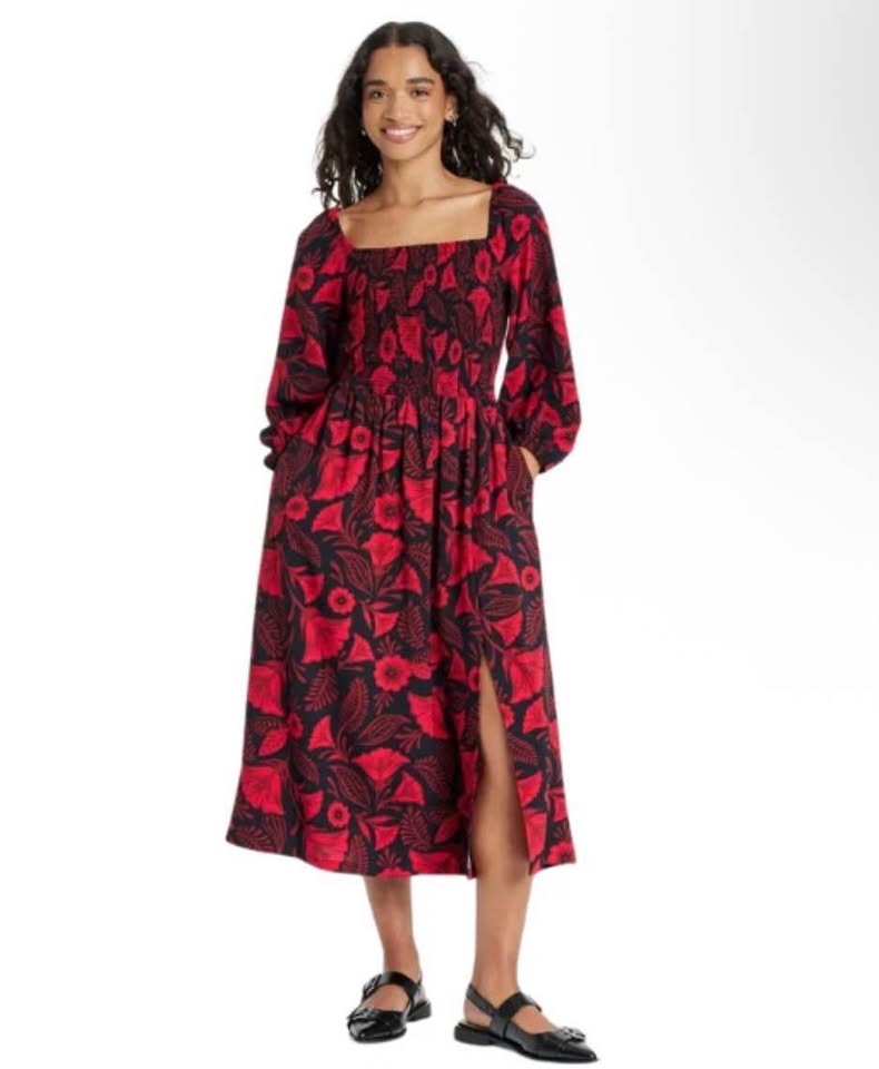 Latin Heritage Red & Black Floral Smocked Midi Dress 2X