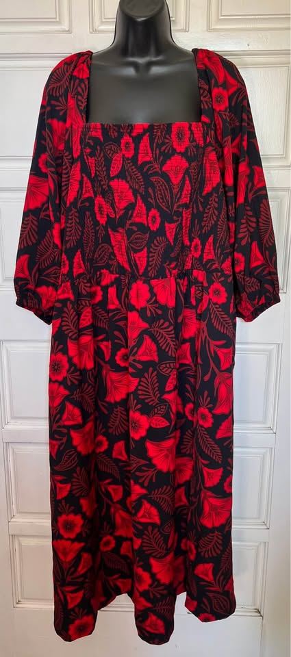 Latin Heritage Red & Black Floral Smocked Midi Dress 2X