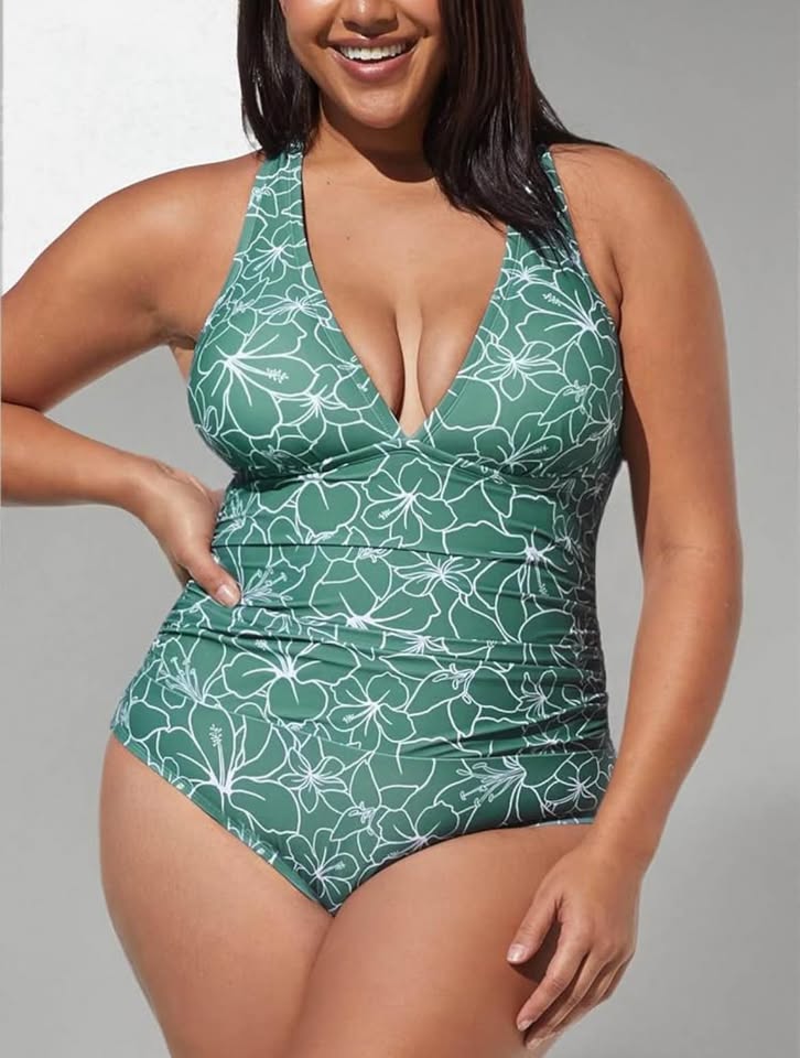 CUPSHE Women 1X Green Floral Swimsuit One Piece Ruched Front Crisscross Self Tie Back Floral