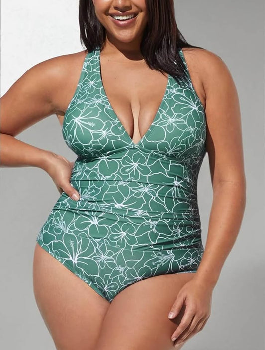 CUPSHE Women 1X Green Floral Swimsuit One Piece Ruched Front Crisscross Self Tie Back Floral