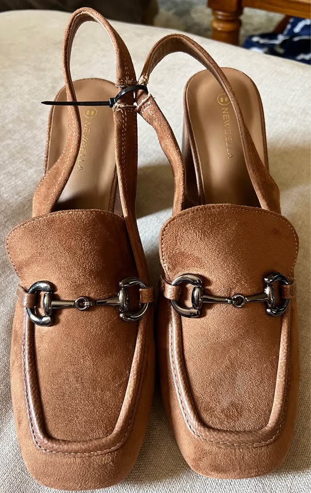 NEWBELLA brown suede-like slingback block heel loafers size 11