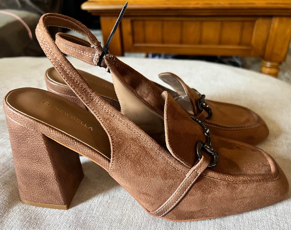 NEWBELLA brown suede-like slingback block heel loafers size 11